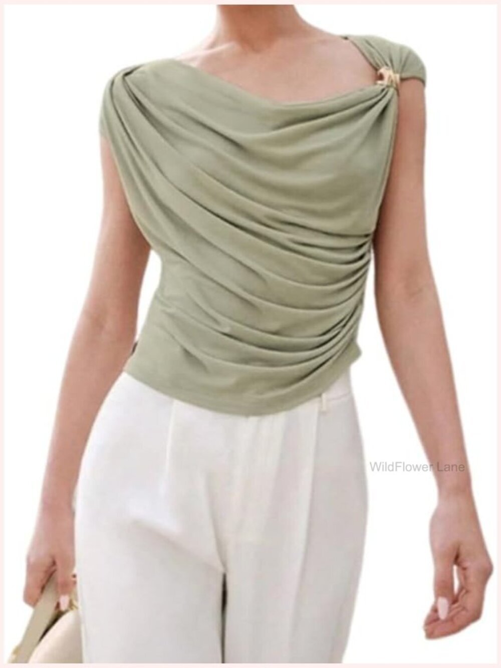 Sleeveless Pleated Front Tank Top with Asymmetric Neck Slim Fit Casual Work
